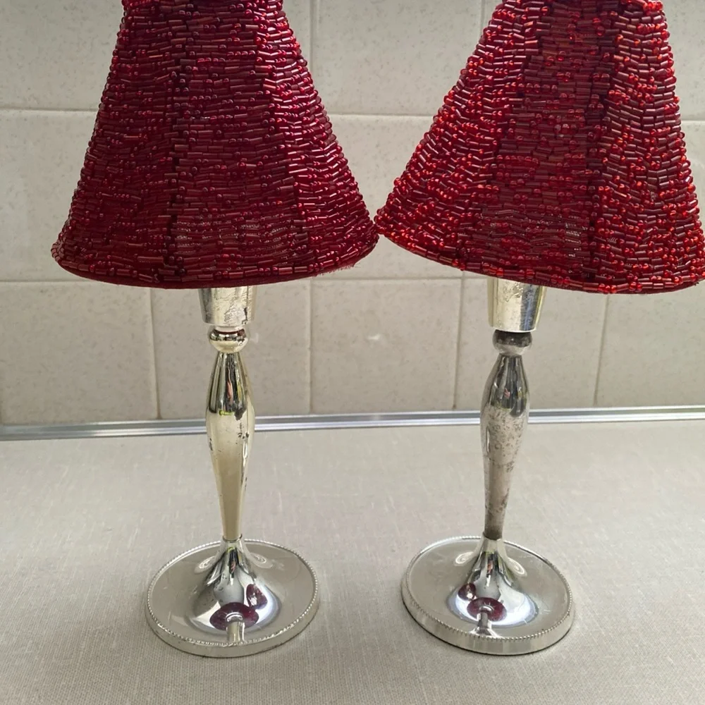 Pottery Barn Holiday Vintage Red Beaded Lamp Shades Votive Candlestick‎ Holders